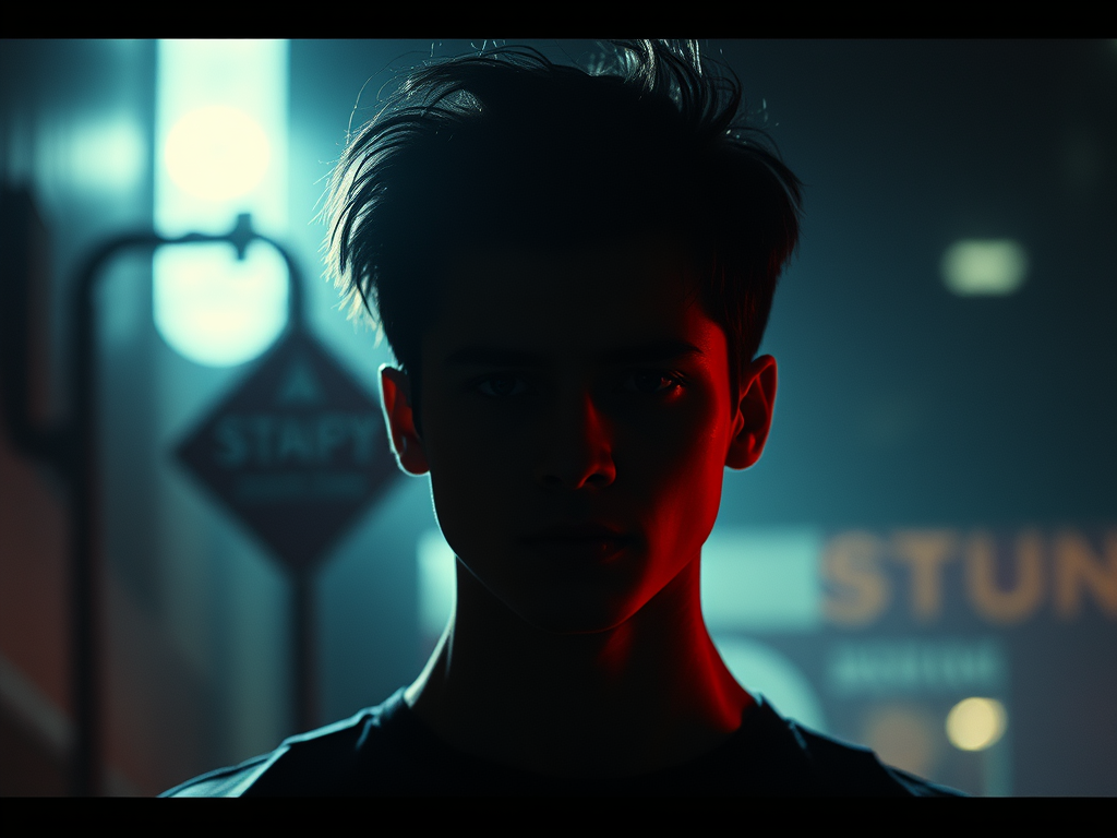 A silhouette of a young man with tousled hair, partially illuminated with red and blue lighting against a blurred urban background.
