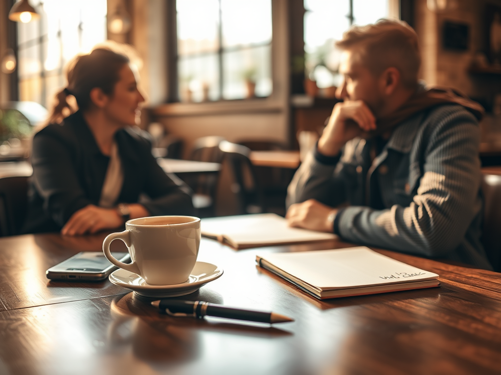 A cozy café scene featuring two people engaged in conversation, with a white coffee cup on the table, a smartphone, and an open notebook with a pen.