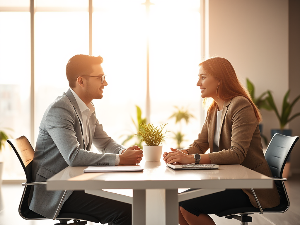 A man and a woman engaged in a meaningful conversation at a well-lit office table, with plants in the background, representing collaboration and professional interaction.