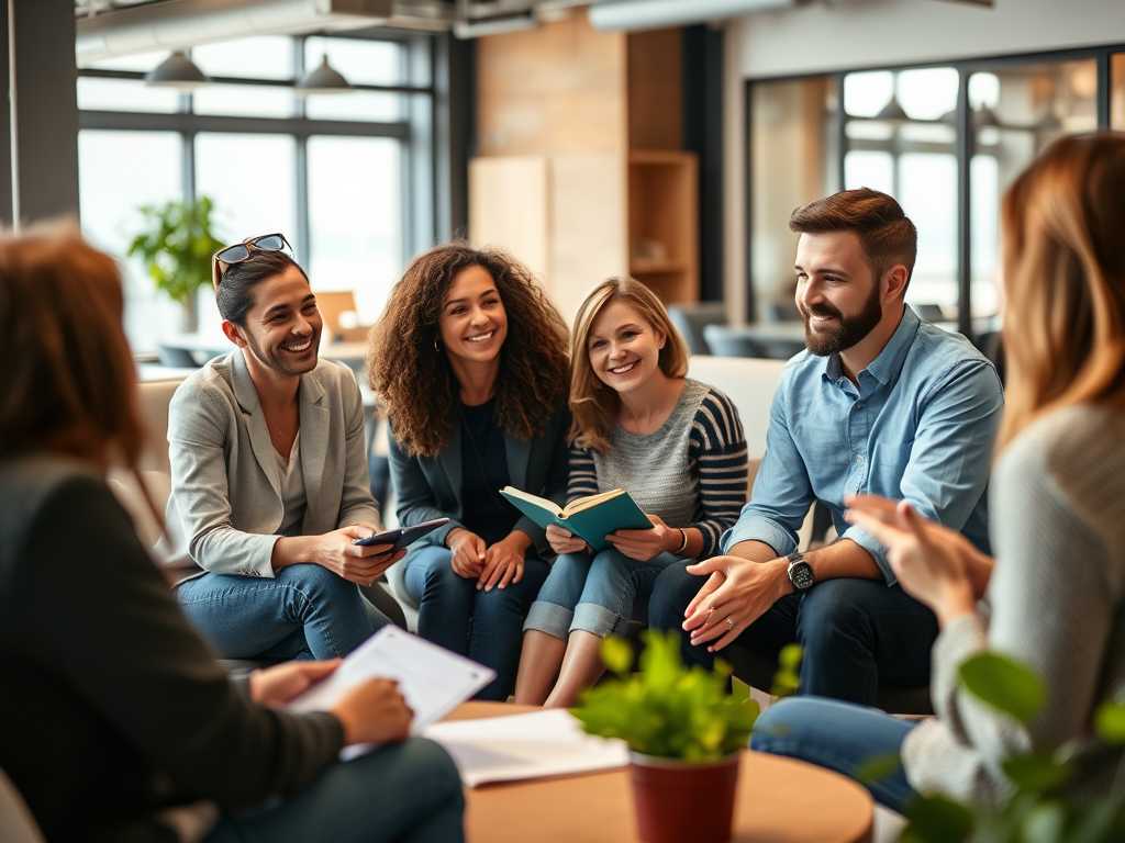 A group of diverse professionals sitting together in a casual meeting space, smiling and engaging in conversation. One person holds a book while others are using their phones and note-taking, surrounded by greenery.