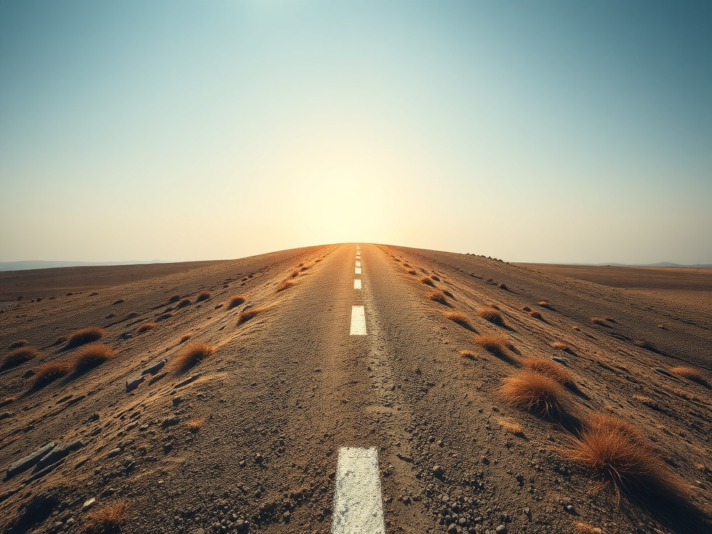 A road stretching towards the horizon in a barren landscape, with the sun setting in the background.