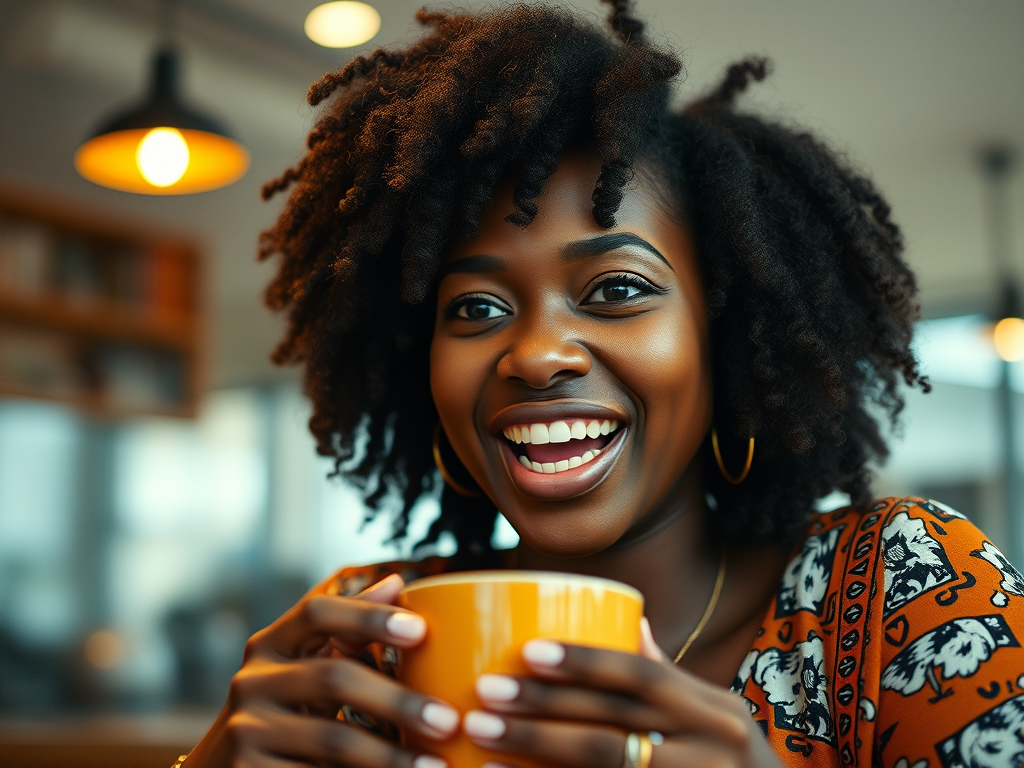 A smiling woman with curly hair holds an orange mug in a cozy café setting.