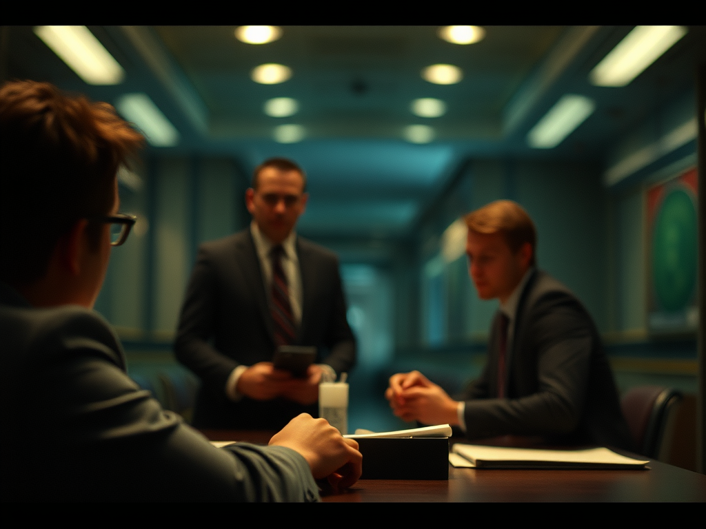 Three men in business suits engaged in a serious discussion at a table, with one man seated and two others standing and observing.