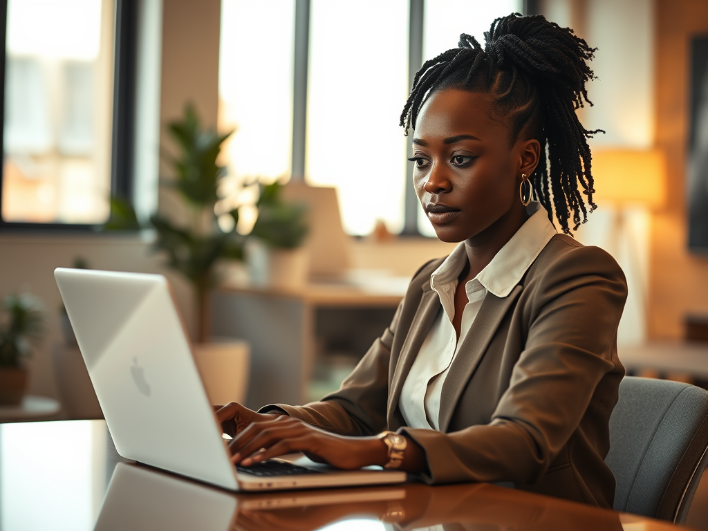 A focused woman in a business suit sitting at a desk, working on a laptop in a modern office environment.