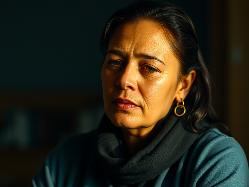A contemplative woman with long dark hair is wearing a scarf and appears to be deep in thought, reflecting vulnerability and authenticity.