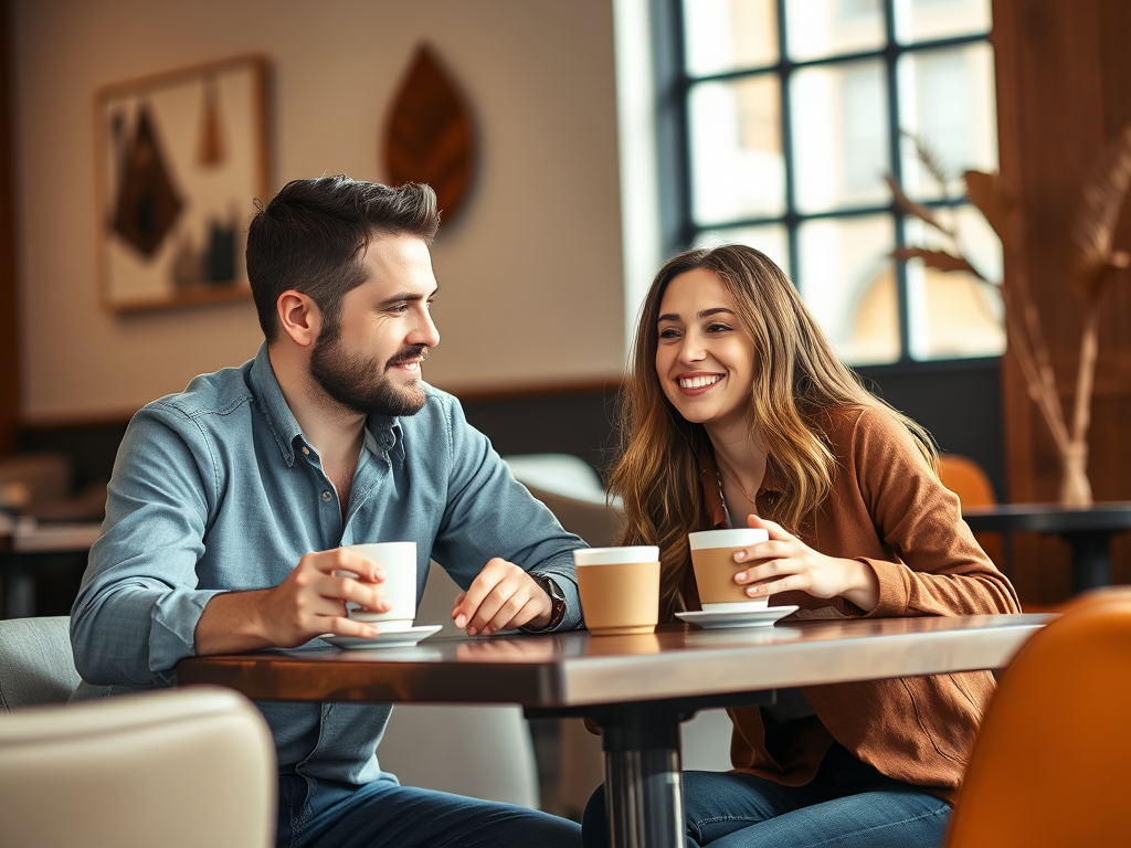 A man and woman sitting at a café table smiling and enjoying coffee together.