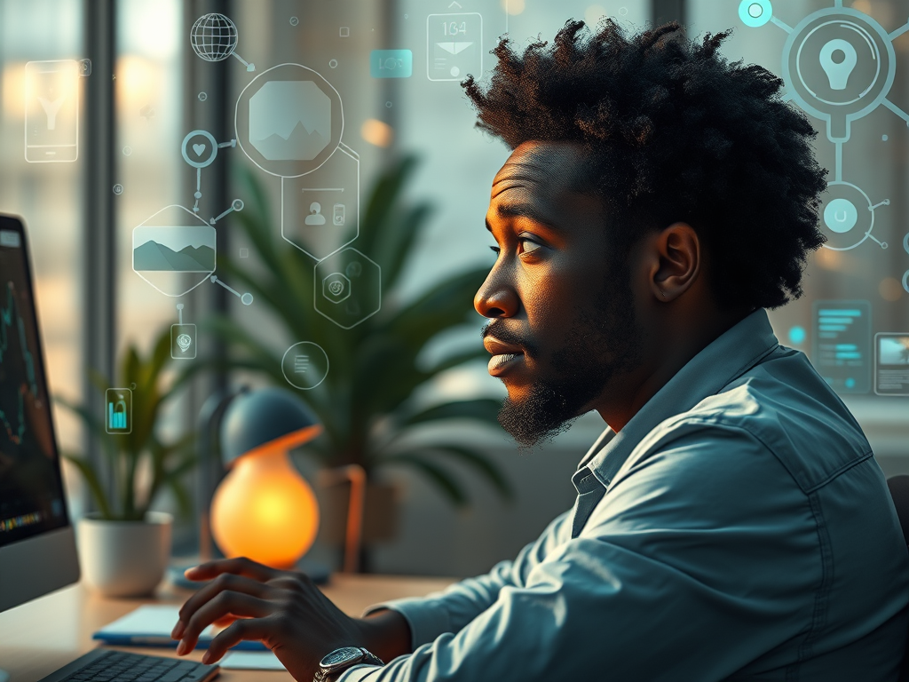 A focused individual working at a computer in a modern office setting, with digital icons and data visualizations displayed around them, symbolizing technology and innovation.