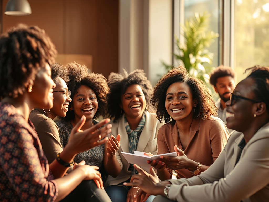 A group of diverse women engaging in a lively discussion during a workshop, sharing smiles and laughter in a warm, collaborative environment.