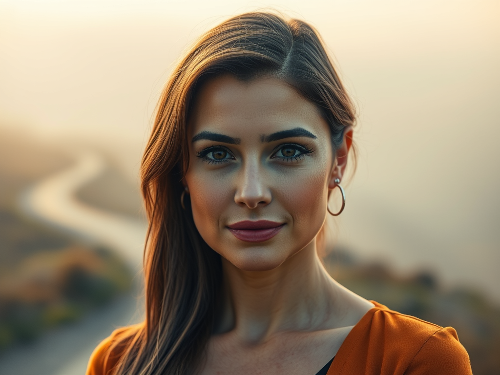 A close-up portrait of a woman with long hair, wearing an orange top, looking confidently at the camera with a blurred natural landscape in the background, highlighting her features and calm expression.