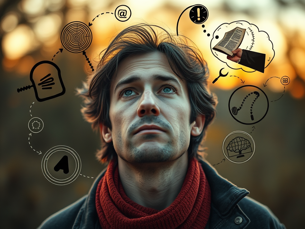 A man with a contemplative expression gazes upwards, surrounded by thought bubbles depicting various symbols related to ideas and tasks, against a warm sunset backdrop.