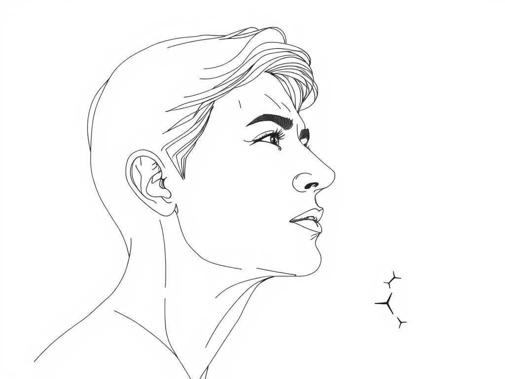 Line art illustration of a person's profile, showcasing a thoughtful expression with stylized hair and facial features.