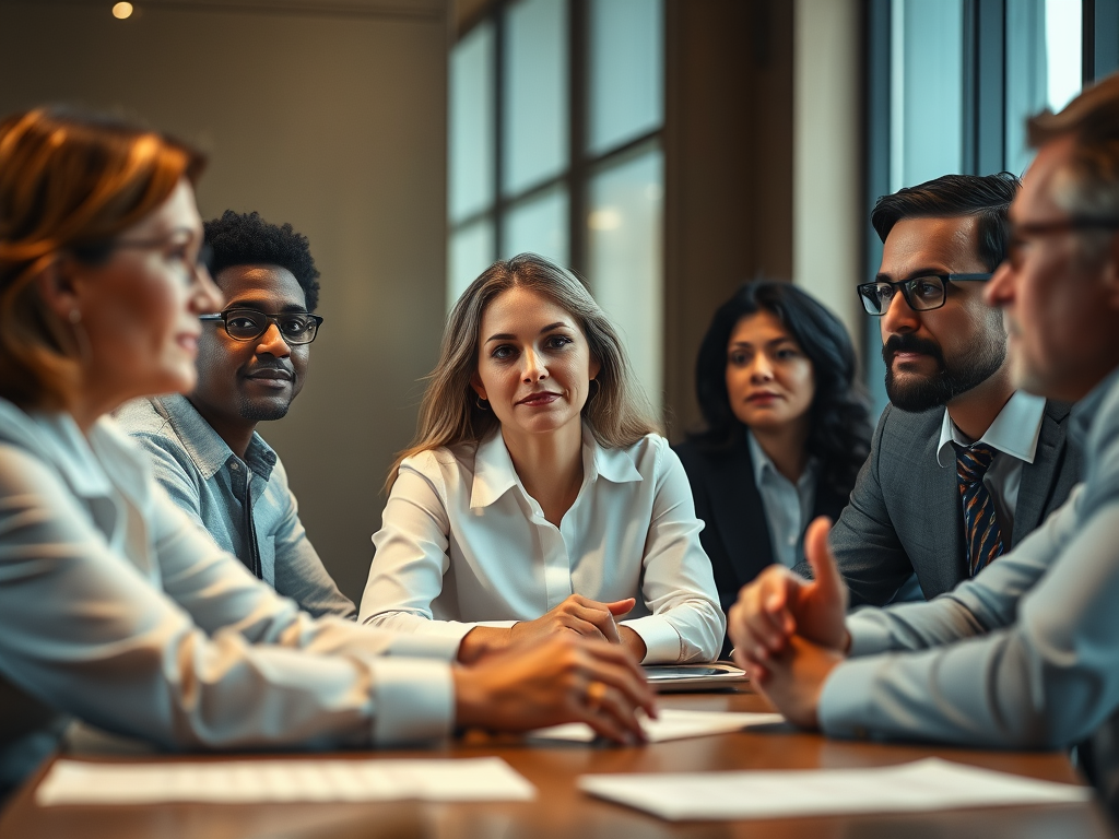 A diverse group of six professionals engaged in a focused discussion during a meeting around a wooden conference table, with large windows in the background.