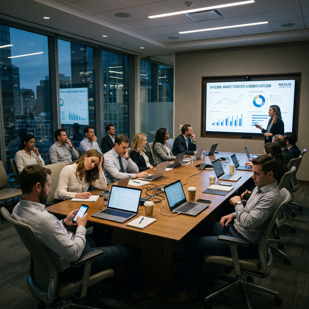 Business team in conference room reviewing Q4 market strategy and growth outlook presentation