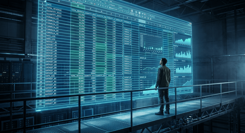 Man standing on metal walkway looking at large digital screen with data tables and charts in industrial environment