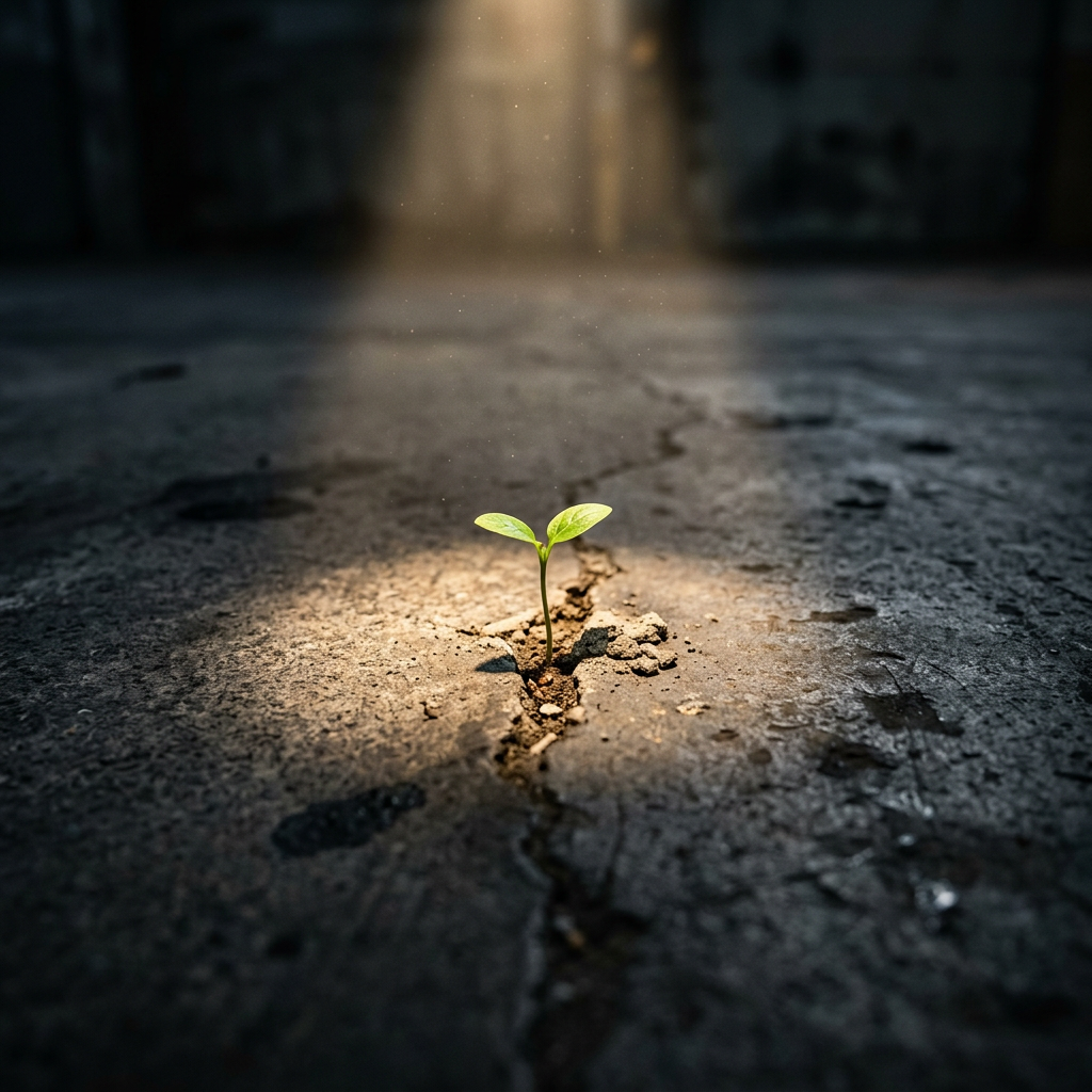 Green plant sprout emerging from a crack in concrete floor under a beam of light